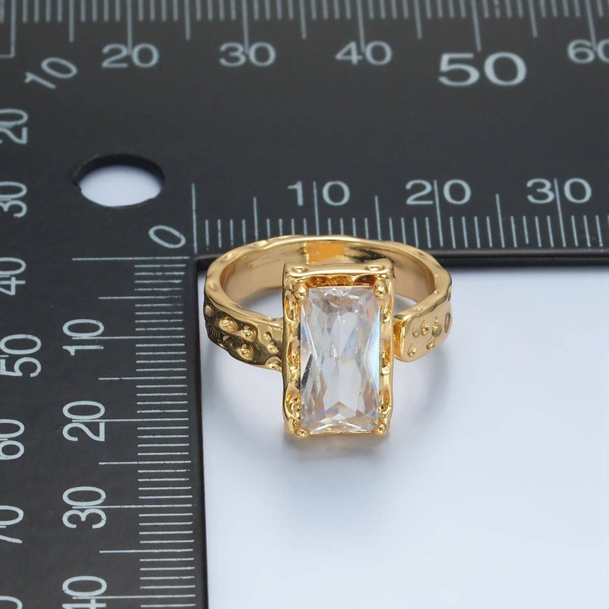 24K Gold Filled Clear CZ Baguette Hammered Wrap Band Ring