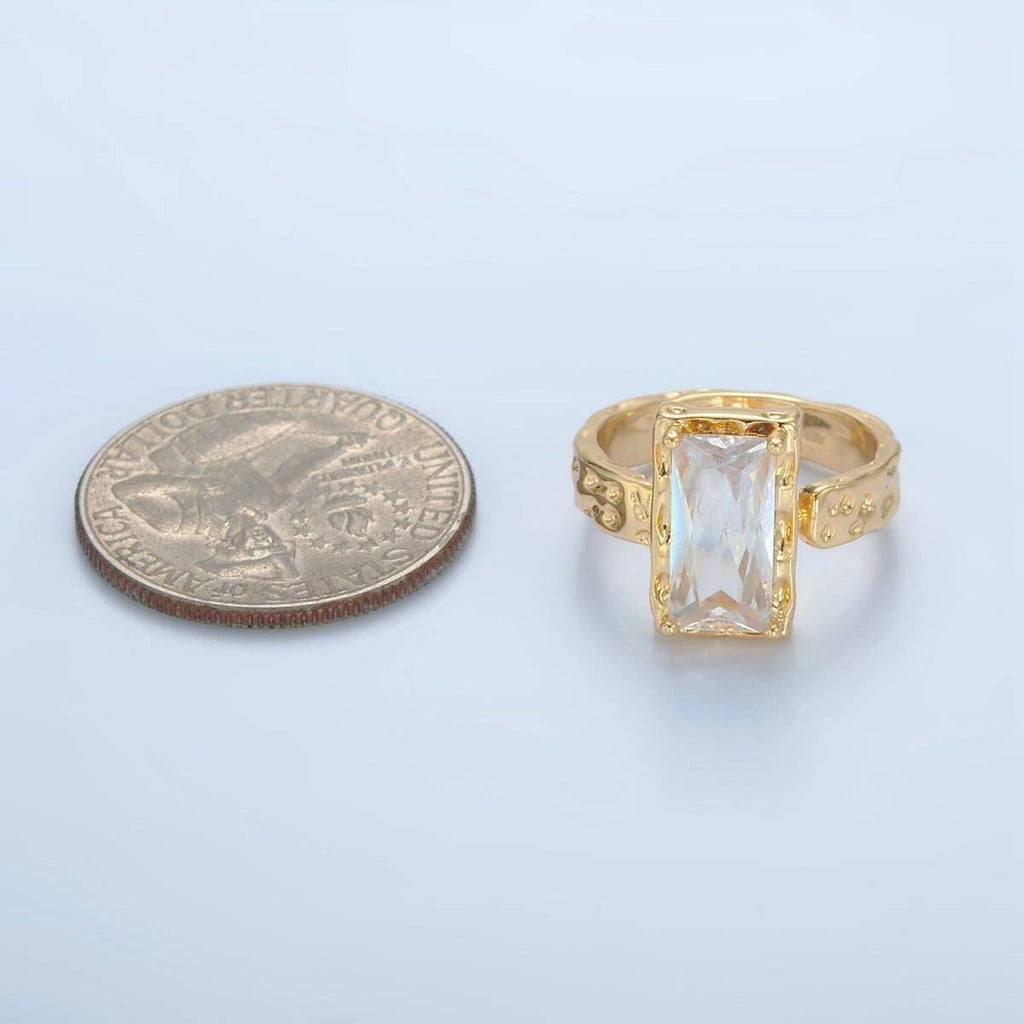 24K Gold Filled Clear CZ Baguette Hammered Wrap Band Ring