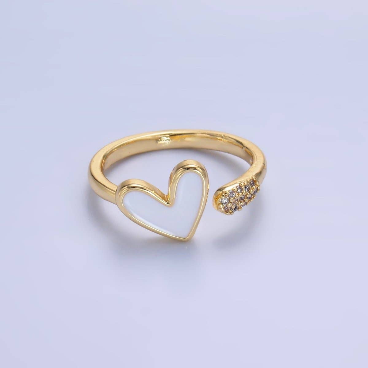 24K Gold Filled Heart White Enamel Micro Paved CZ Wrap Ring