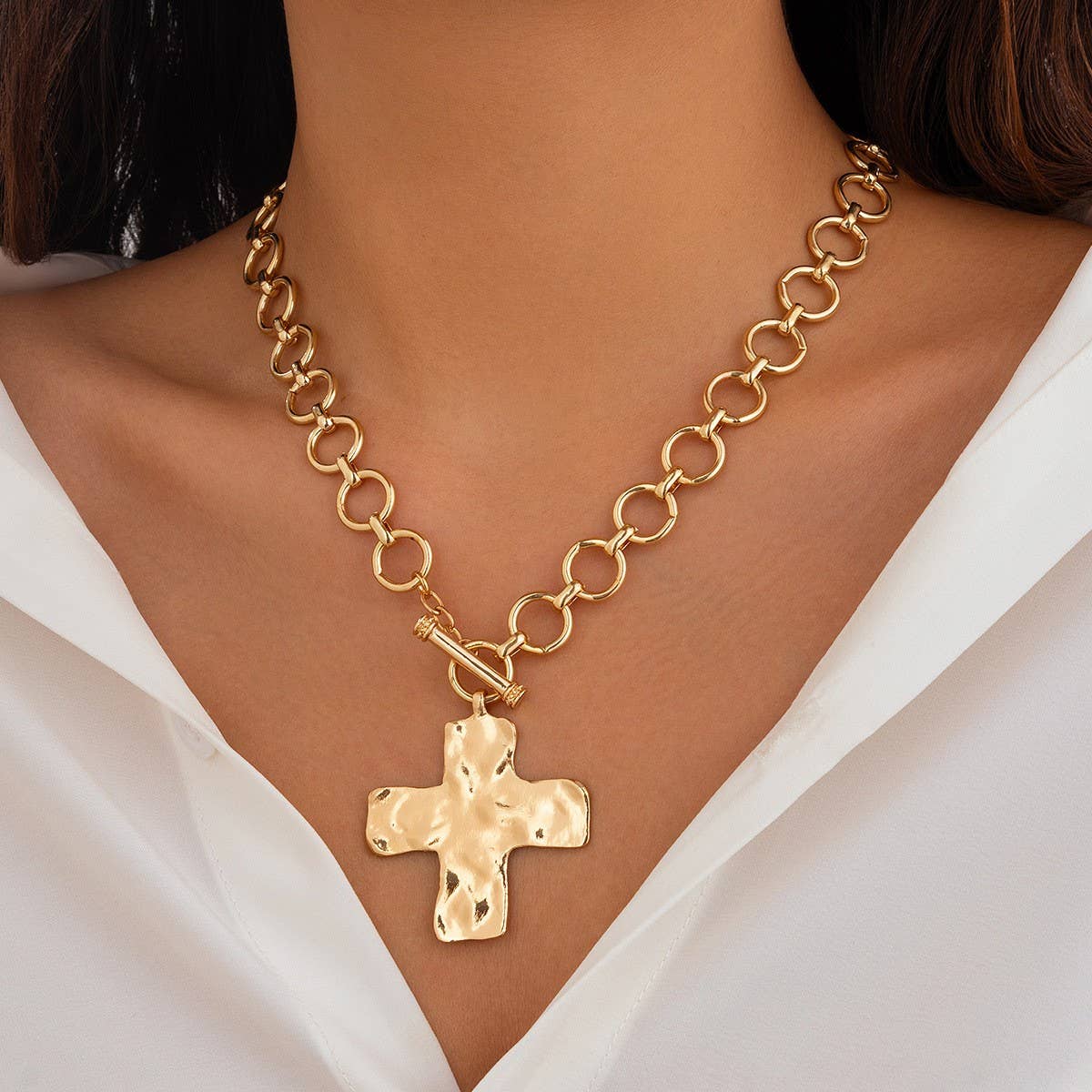 Statement Hammered Cross Front Toggle Necklace
