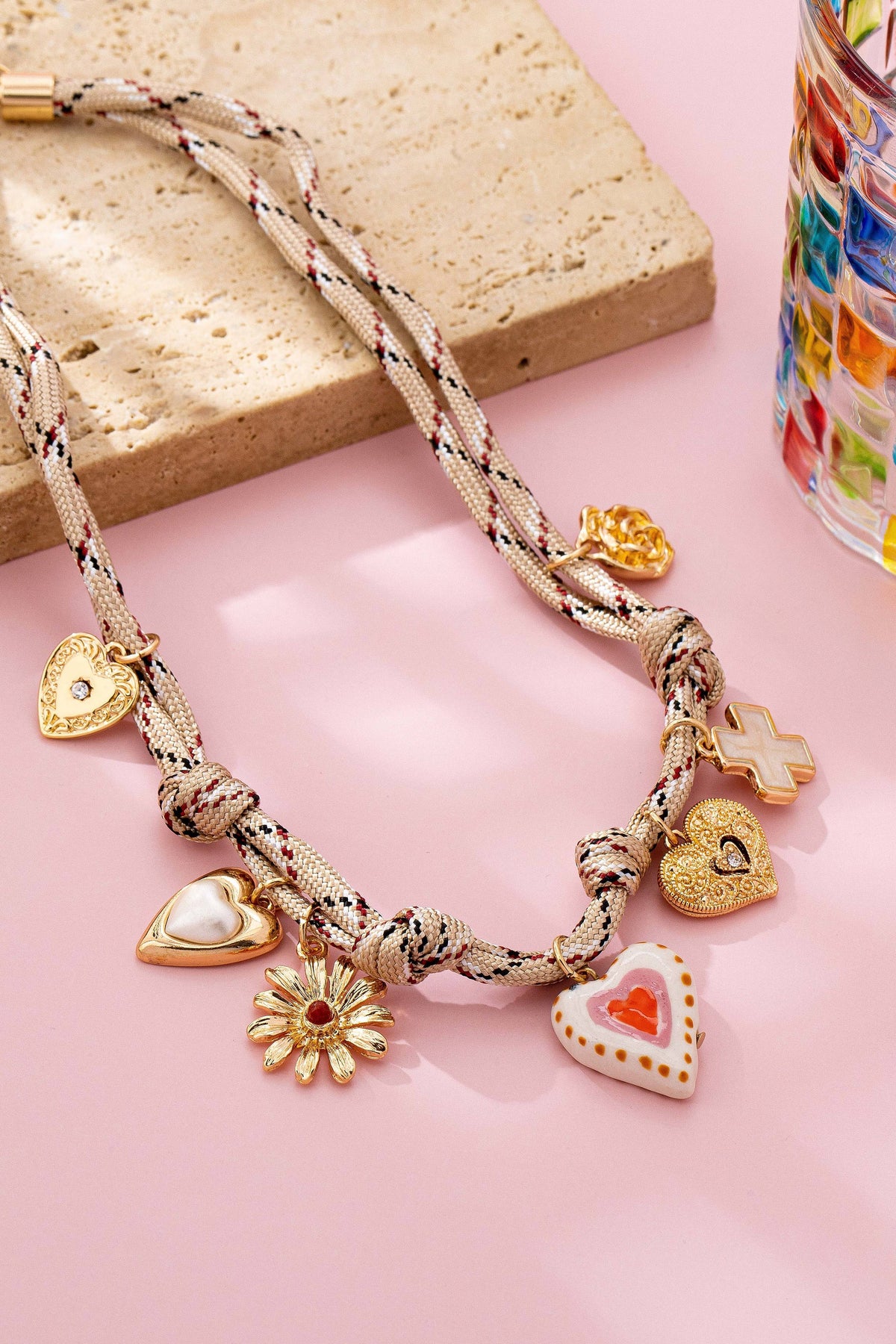 Ivory & Red cord Multi-Charm Boho Necklace