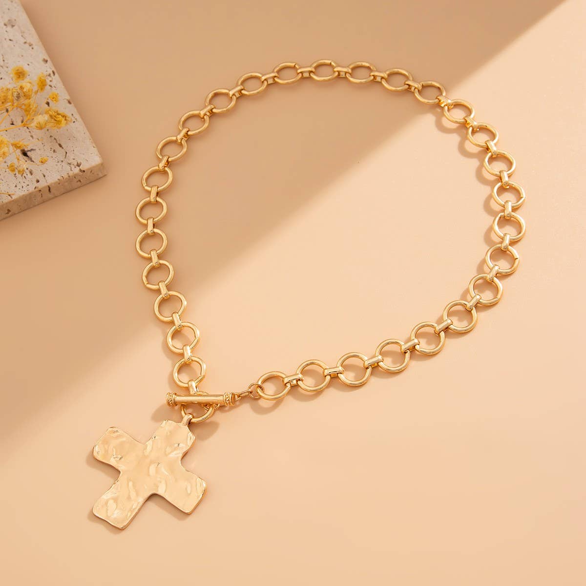Statement Hammered Cross Front Toggle Necklace
