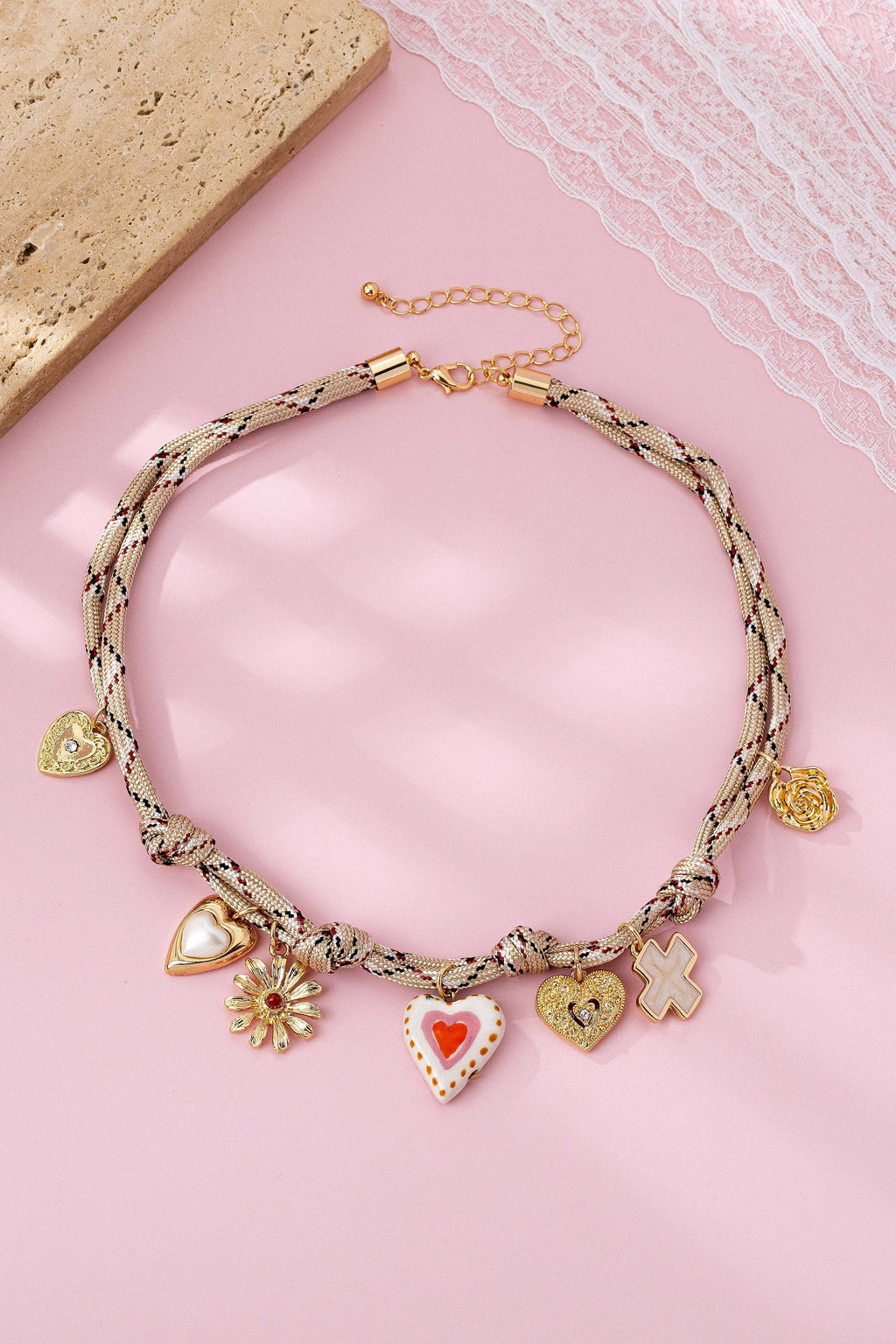 Ivory & Red cord Multi-Charm Boho Necklace