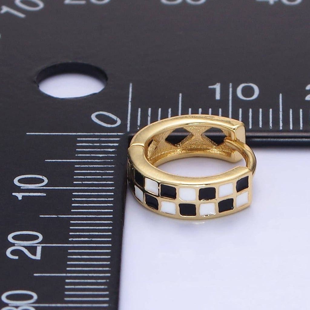 24K Gold Filled 13mm Checkered Enamel Huggie Earrings
