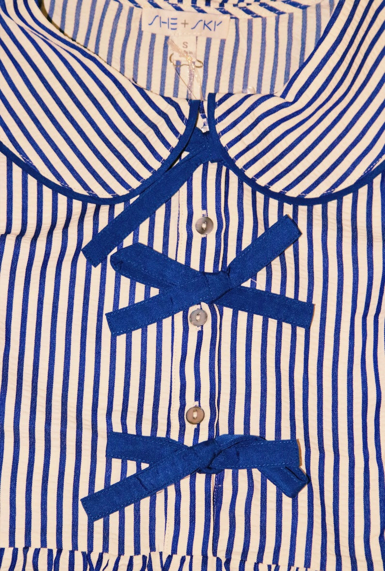 Navy Sleeveless Button Front Bow Tie Shirt