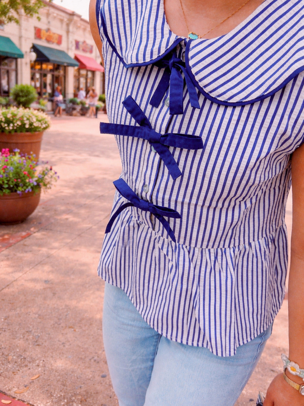 Navy Sleeveless Button Front Bow Tie Shirt