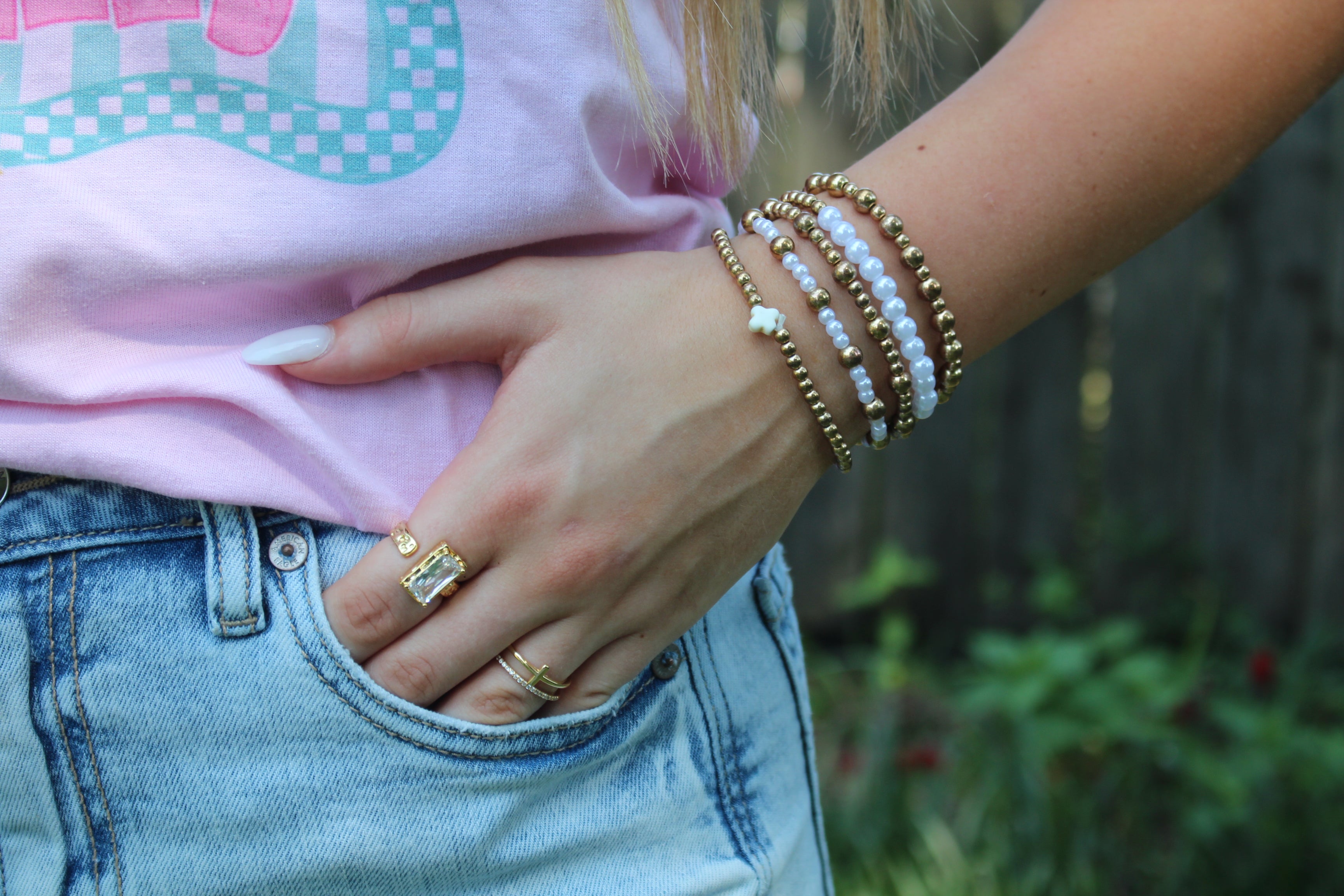 Multi Ball Pearl Chain Stretch Bracelet