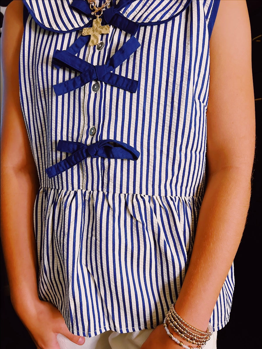 Navy Sleeveless Button Front Bow Tie Shirt