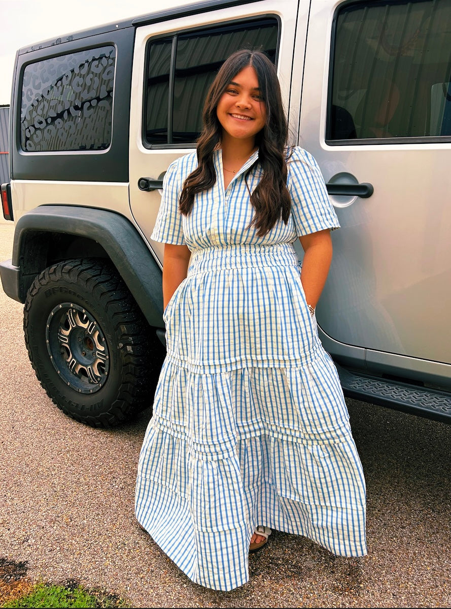 Blue Short Sleeve Maxi Dress