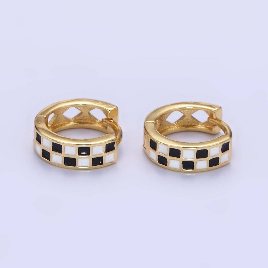 24K Gold Filled 13mm Checkered Enamel Huggie Earrings