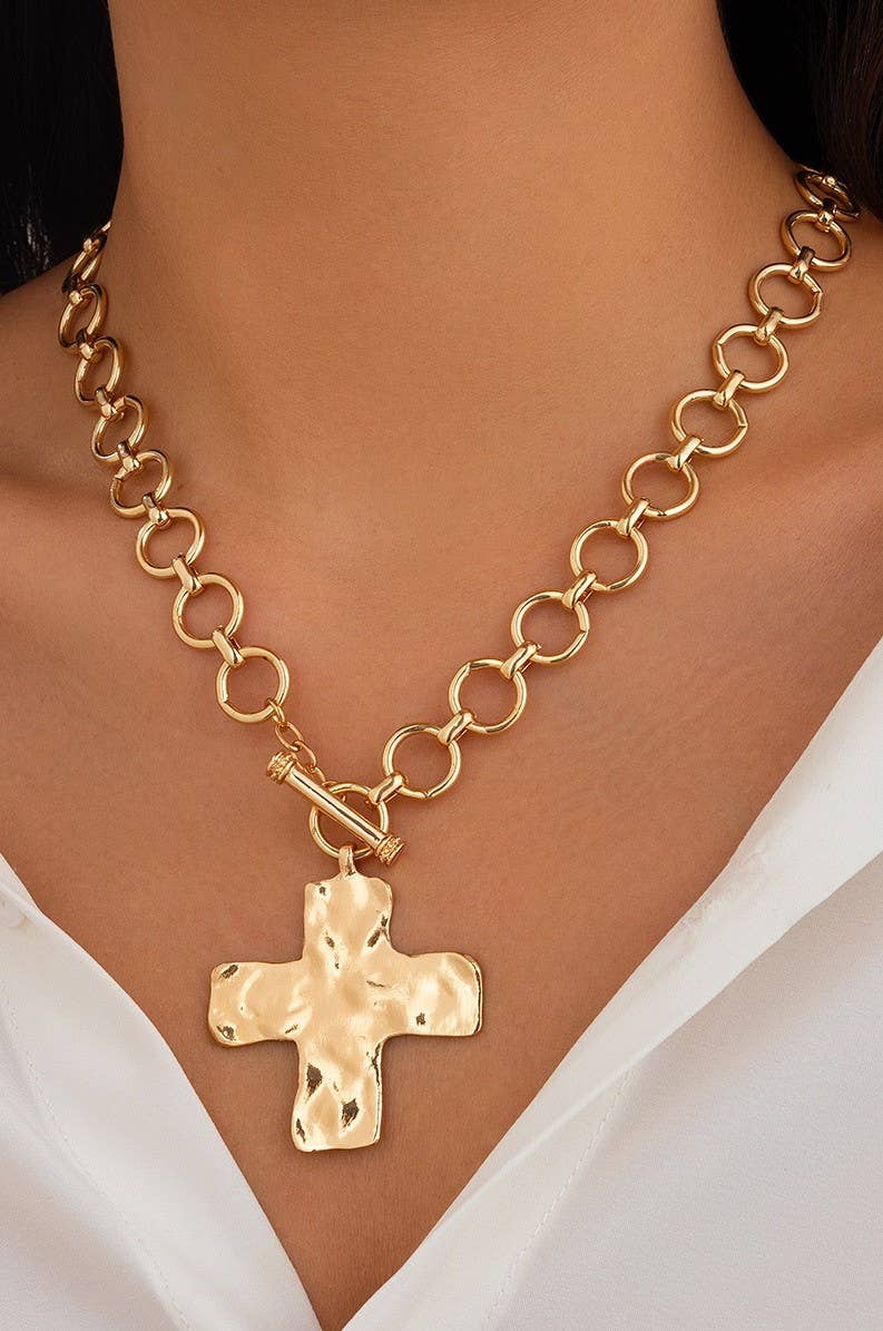 Statement Hammered Cross Front Toggle Necklace