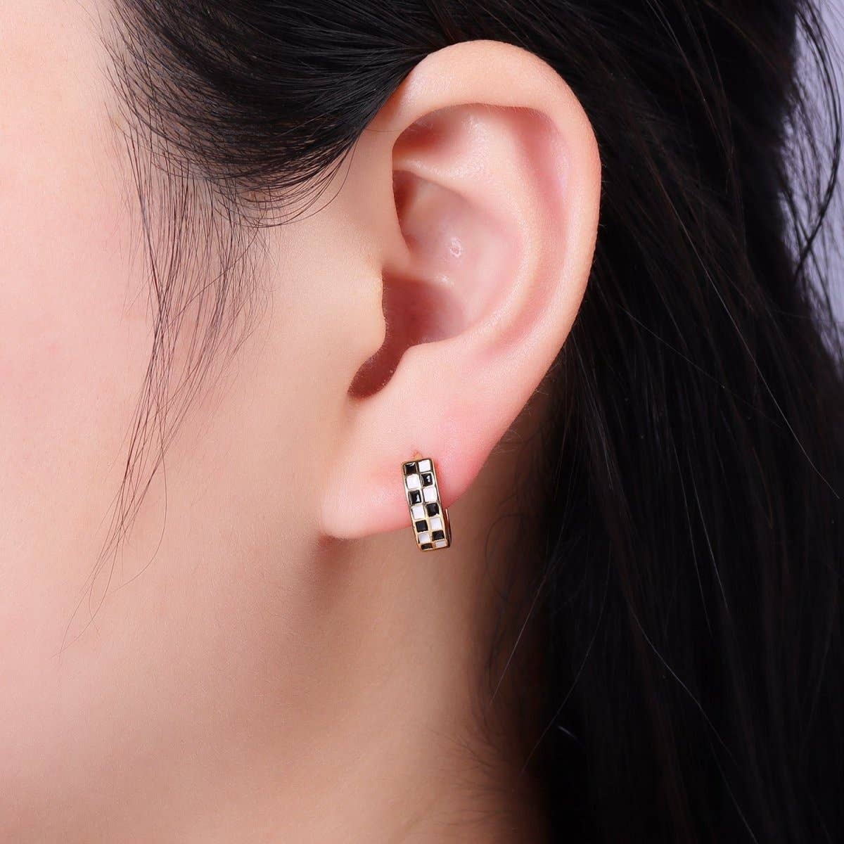 24K Gold Filled 13mm Checkered Enamel Huggie Earrings