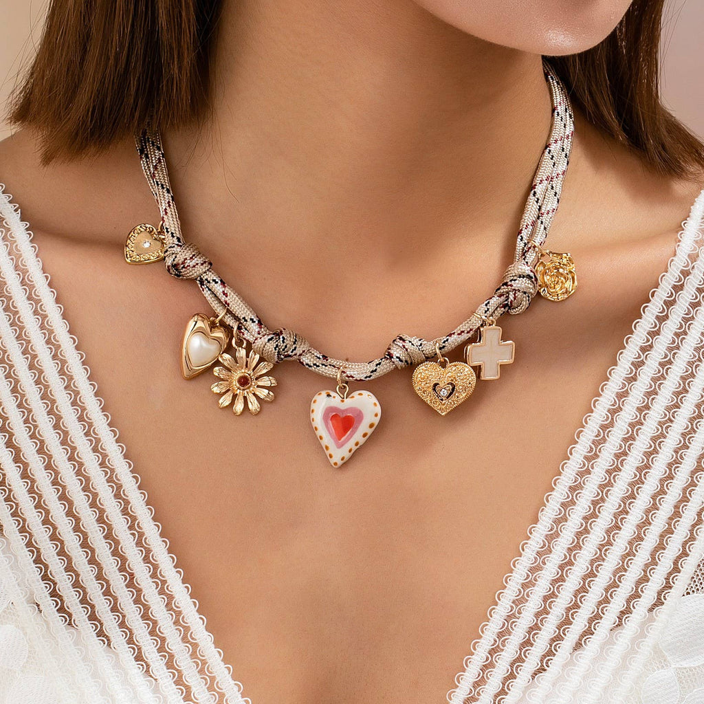 Ivory & Red cord Multi-Charm Boho Necklace