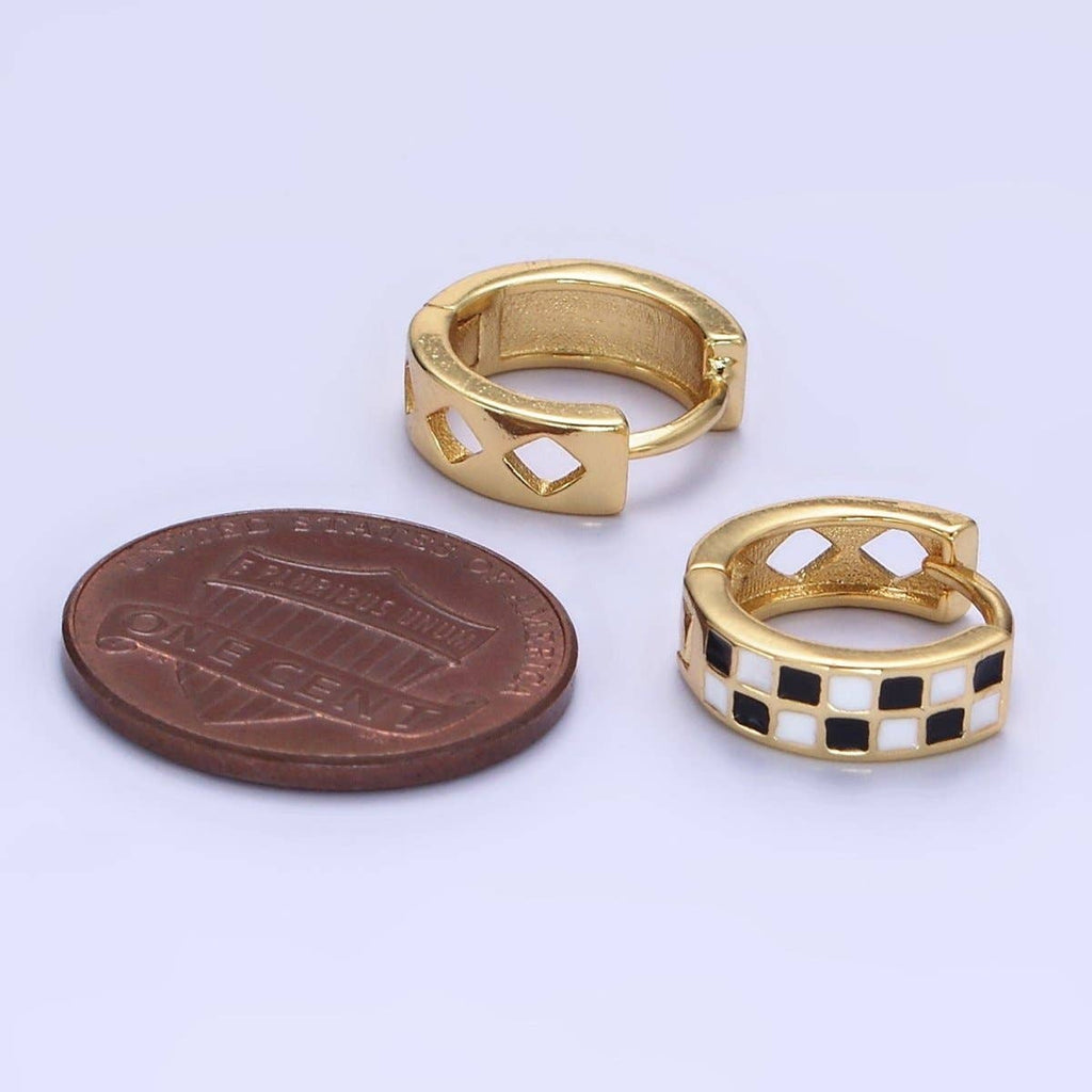 24K Gold Filled 13mm Checkered Enamel Huggie Earrings